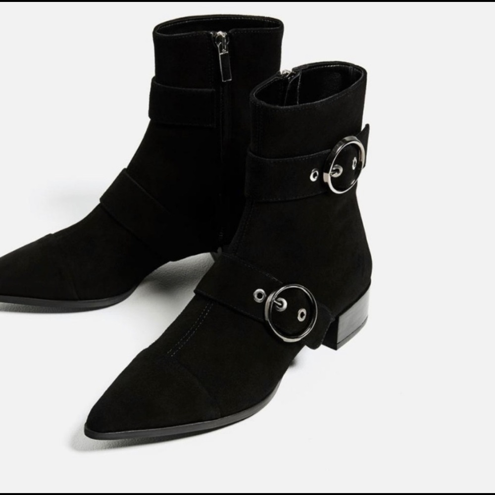 Zara Black Suede Ankle Boots with Buckle Detail